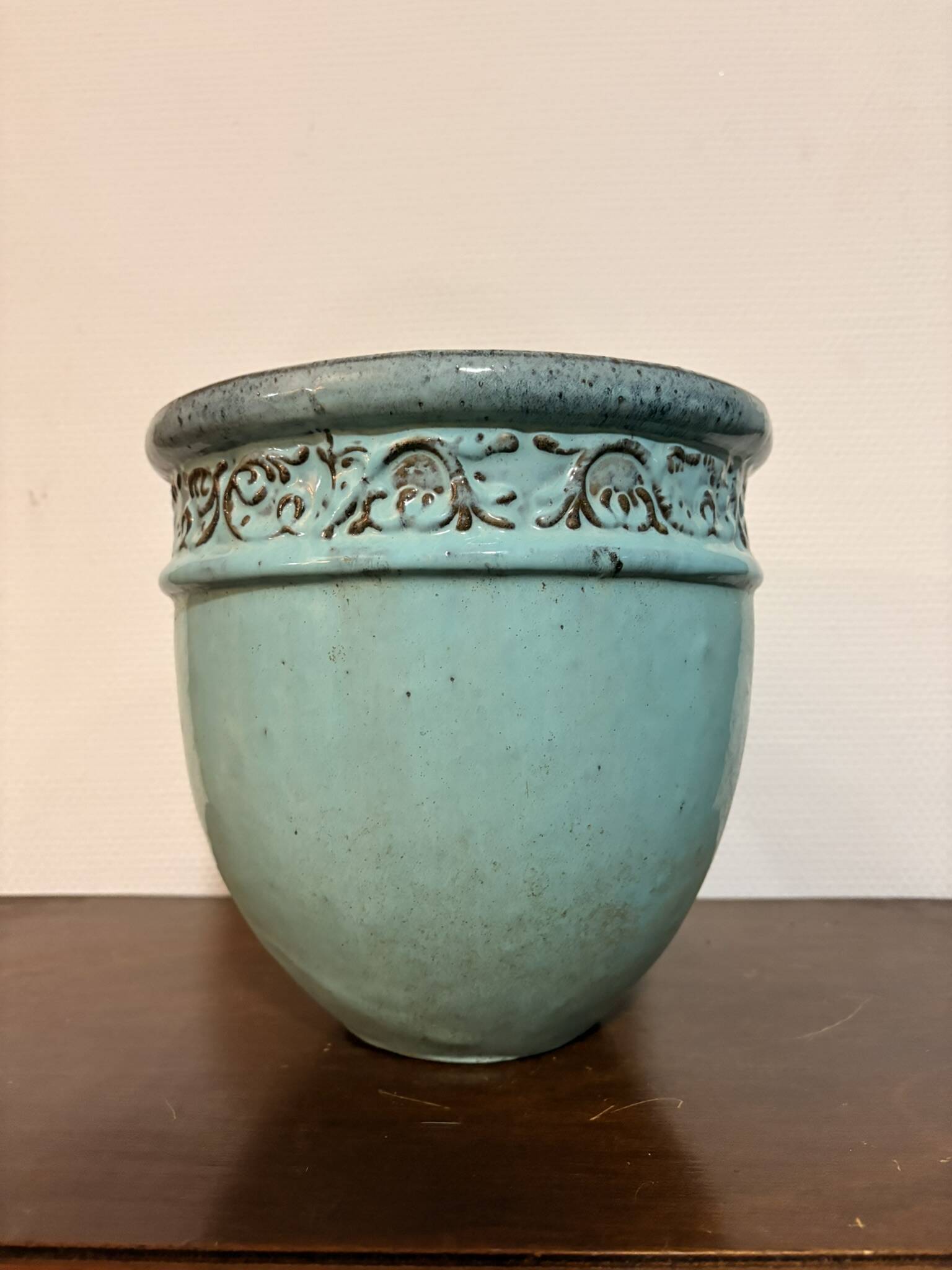 Old Flower Pot Ceramic Terracotta Glazed Varnished Blue Planter