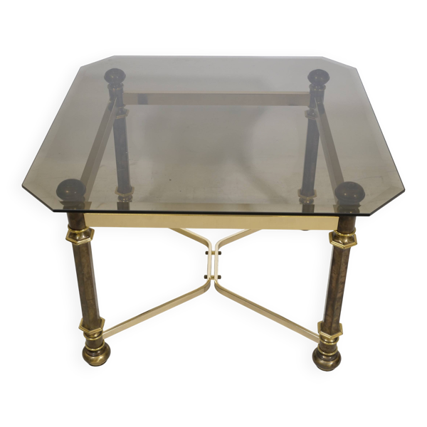 Table basse en laiton et verre fumé de style Hollywood Regency, 1970