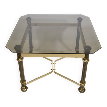 Table basse en laiton et verre fumé de style Hollywood Regency, 1970
