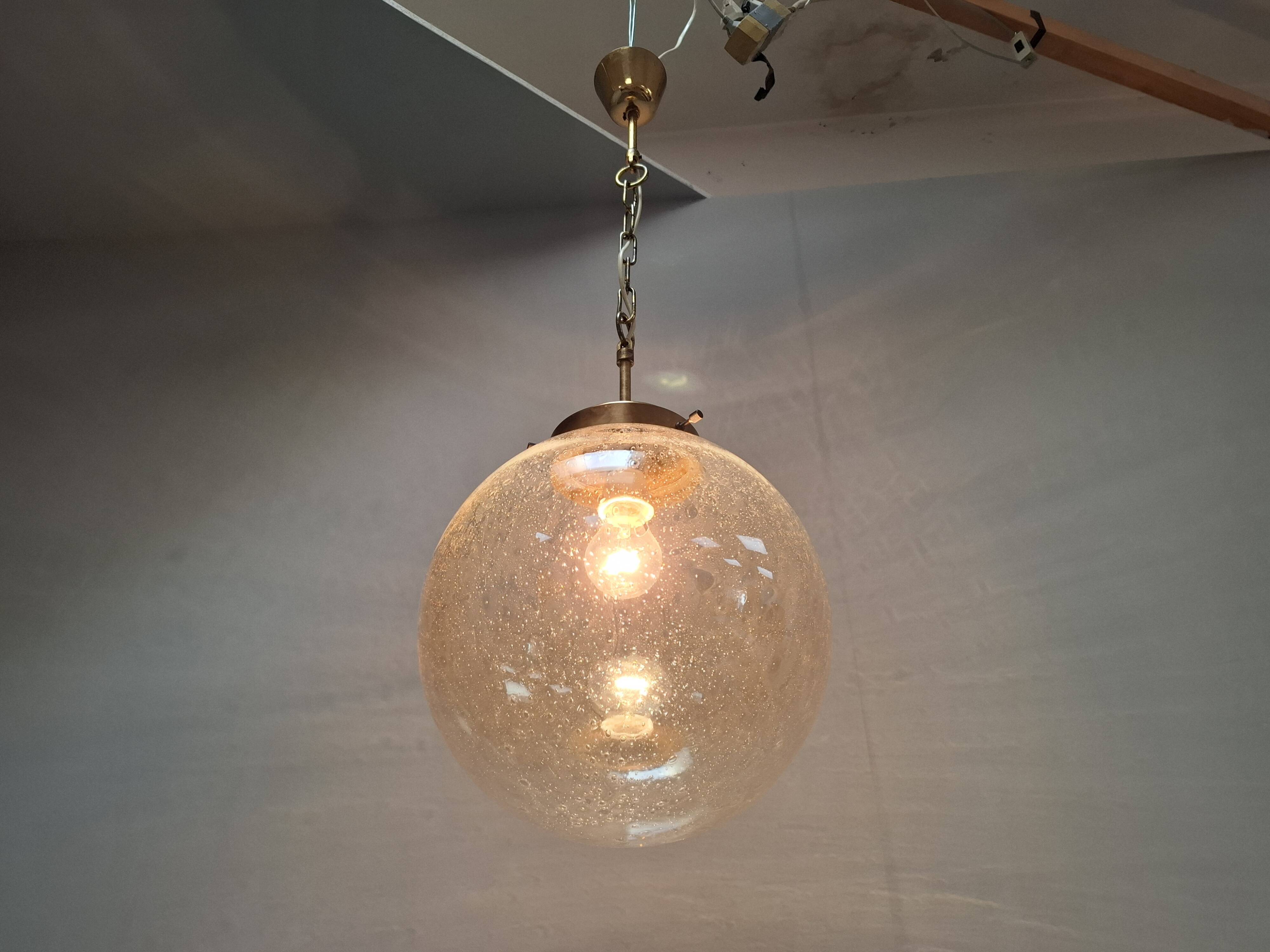 Midcentury Brass and Smoked Bubble Glass Pendant by Kamenický Šenov, 1960s