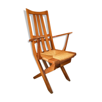 Paire de fauteuils relax ancien bois assise cannée design scandinave 50's
