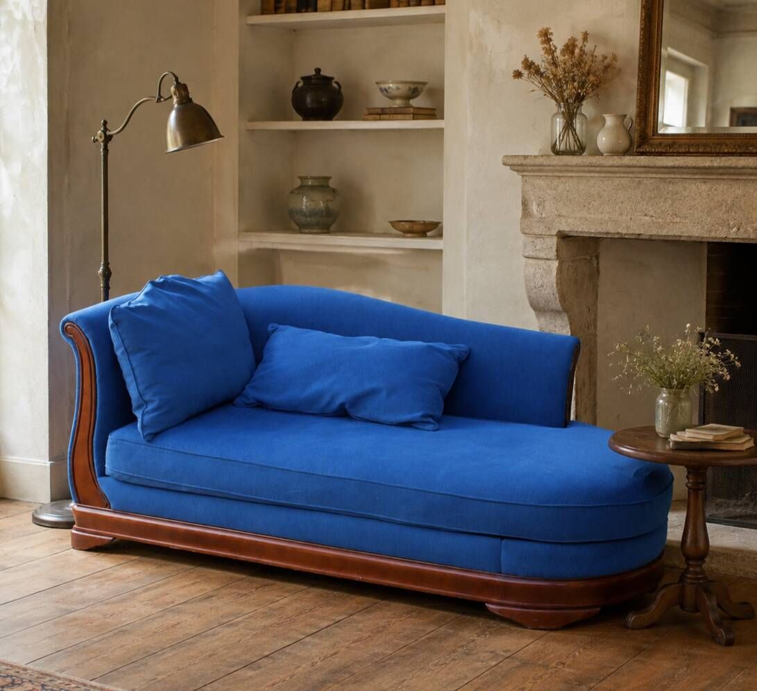 Grande méridienne vintage bleu cobalt en tissu et bois – chaise longue 190