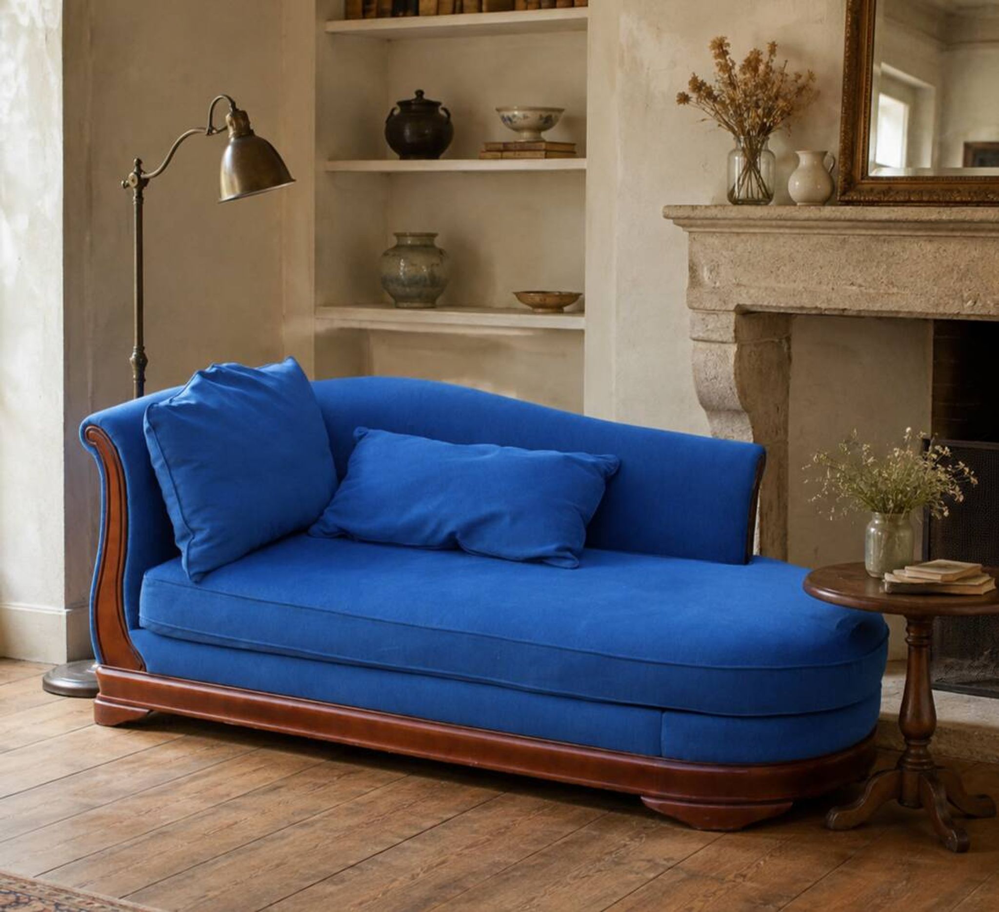 Large vintage cobalt blue chaise longue in fabric and wood – long chair 190