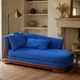 Grande méridienne vintage bleu cobalt en tissu et bois – chaise longue 190