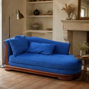 Large vintage cobalt blue chaise longue in fabric and wood – long chair 190