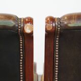 Set of 2 Green Leather English Chesterfield Armchairs Combined with wood