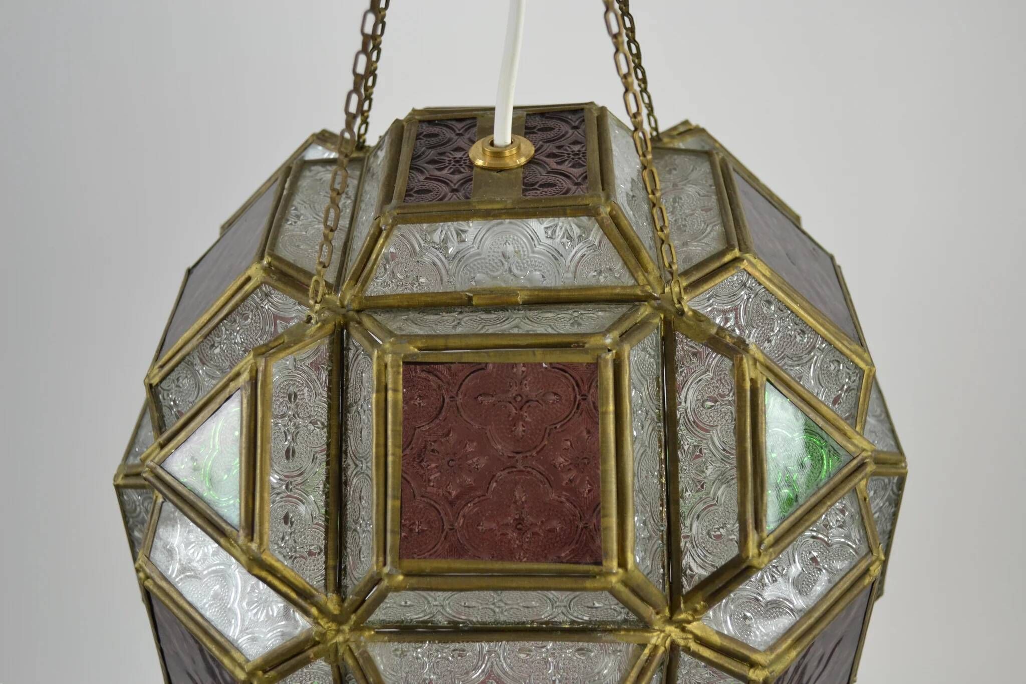 Multicolored Pressed Glass and Brass Pendant Lantern, Scandinavia, circa 1940s–1950s