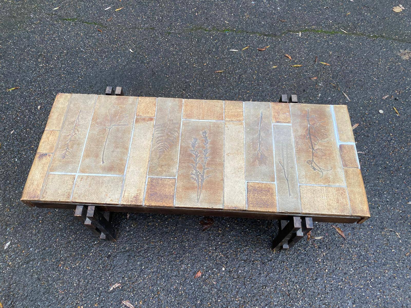 Vintage rectangular coffee table by Roger Capron, ceramic and herbarium design, 120cm