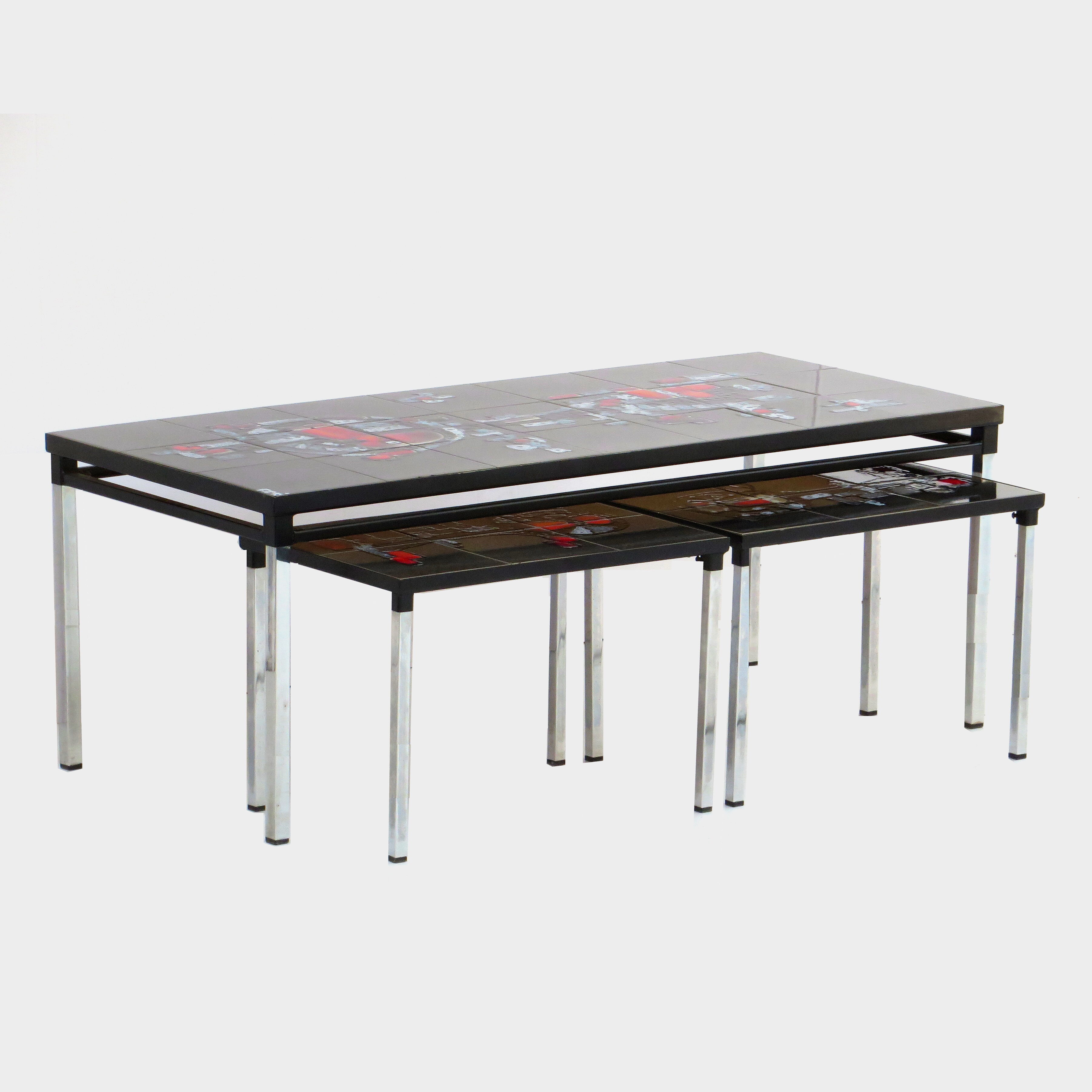 Vintage Adri Belgique ceramic nesting tables mimiset: 1 coffee table and 2 sidetables, 1960s