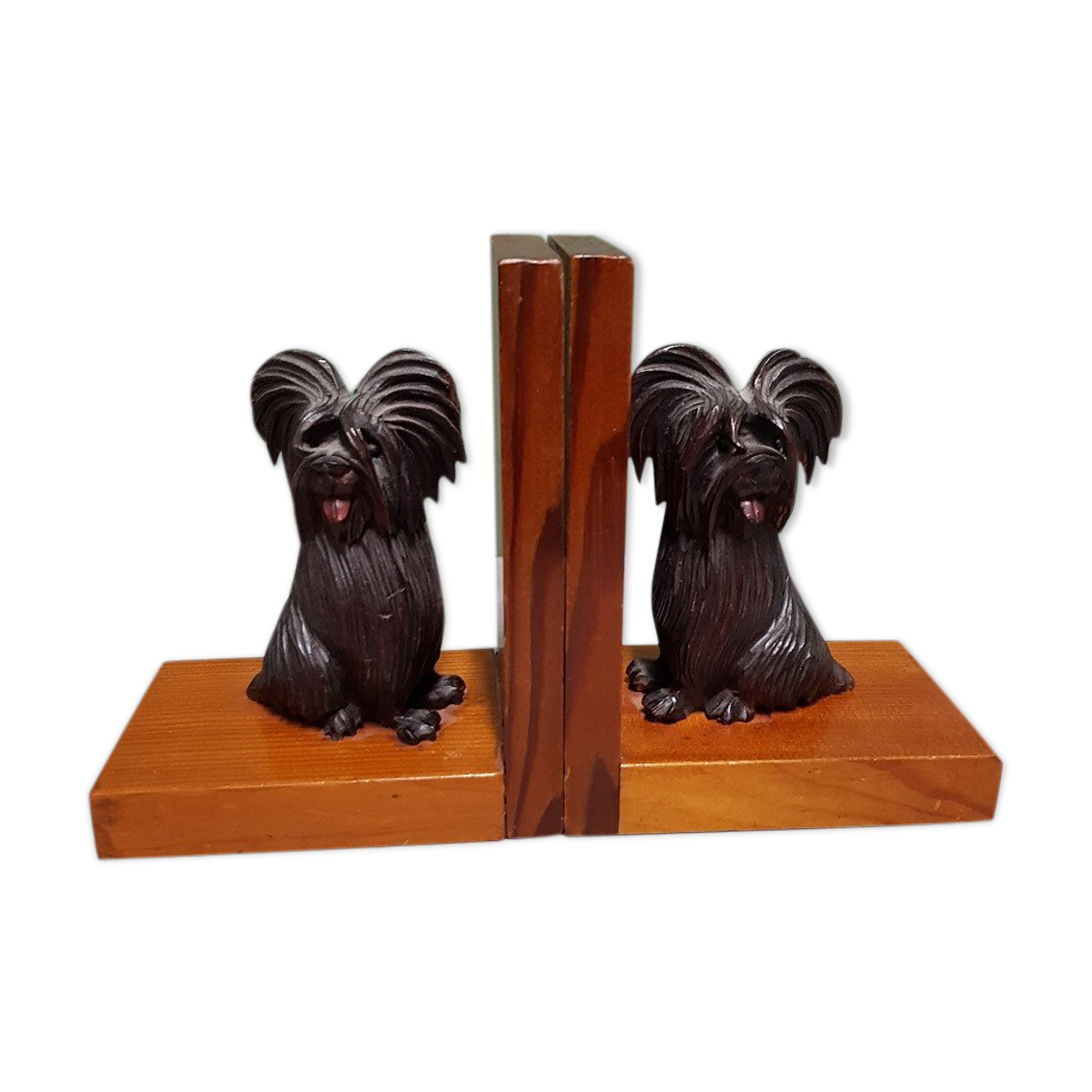 Mid 20th century wooden bookends with carved sitting dogs