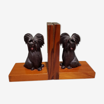 Serre-livres en bois du milieu du 20ème siècle avec des chiens assis sculptés