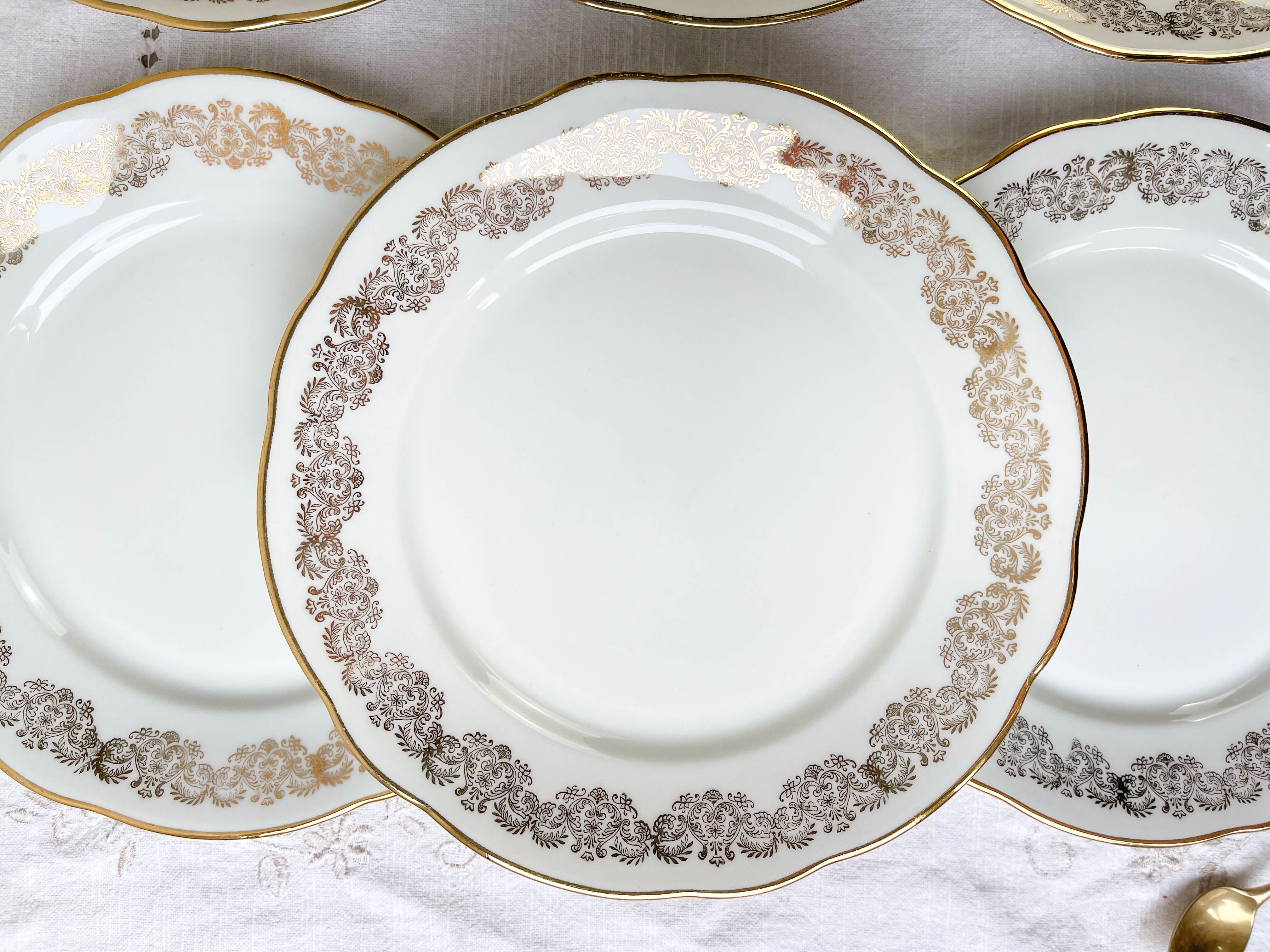 6 assiettes plates porcelaine blanche doré chauvigny limoges
