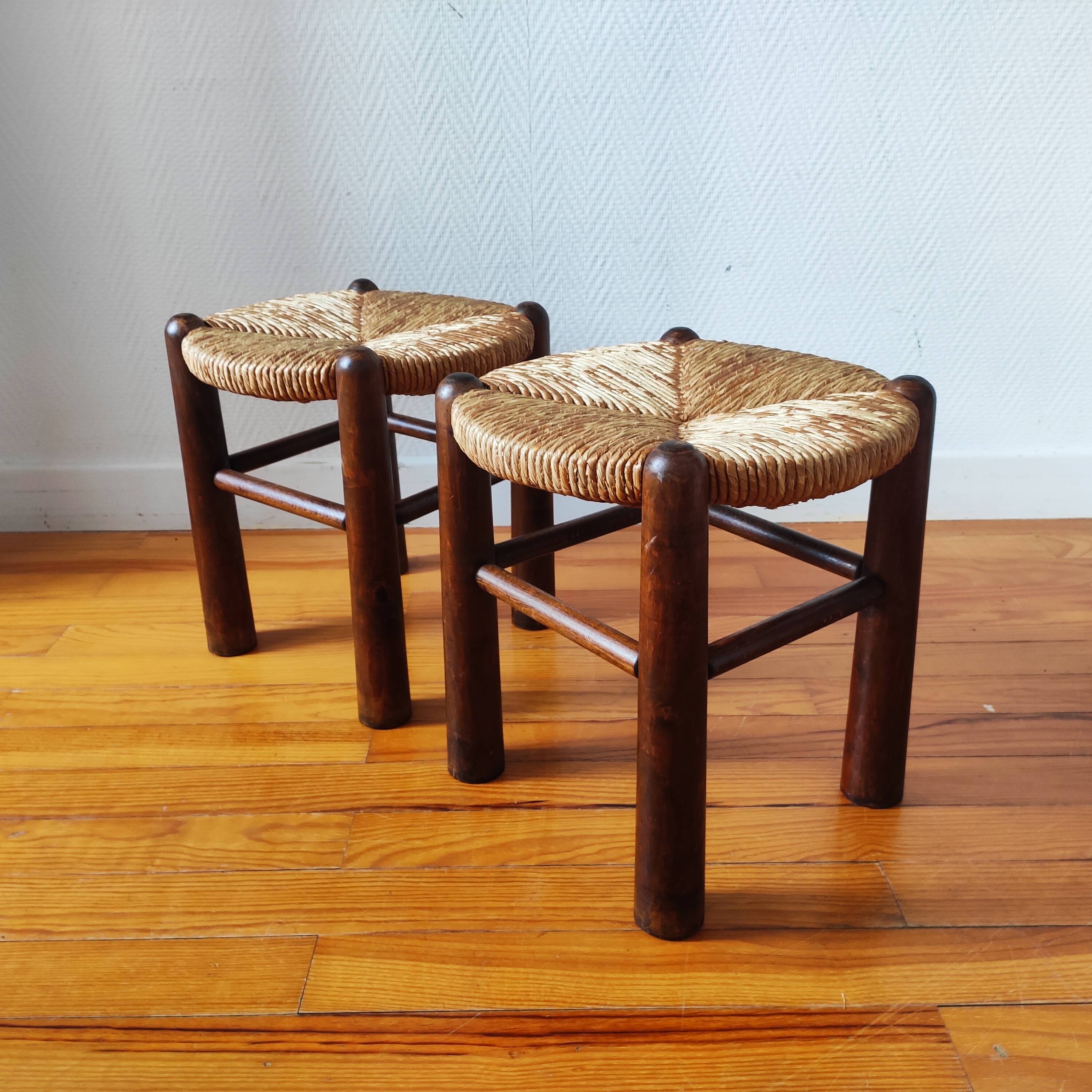 Brutalist wooden and straw stools - France 1950