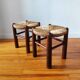 Brutalist wooden and straw stools - France 1950
