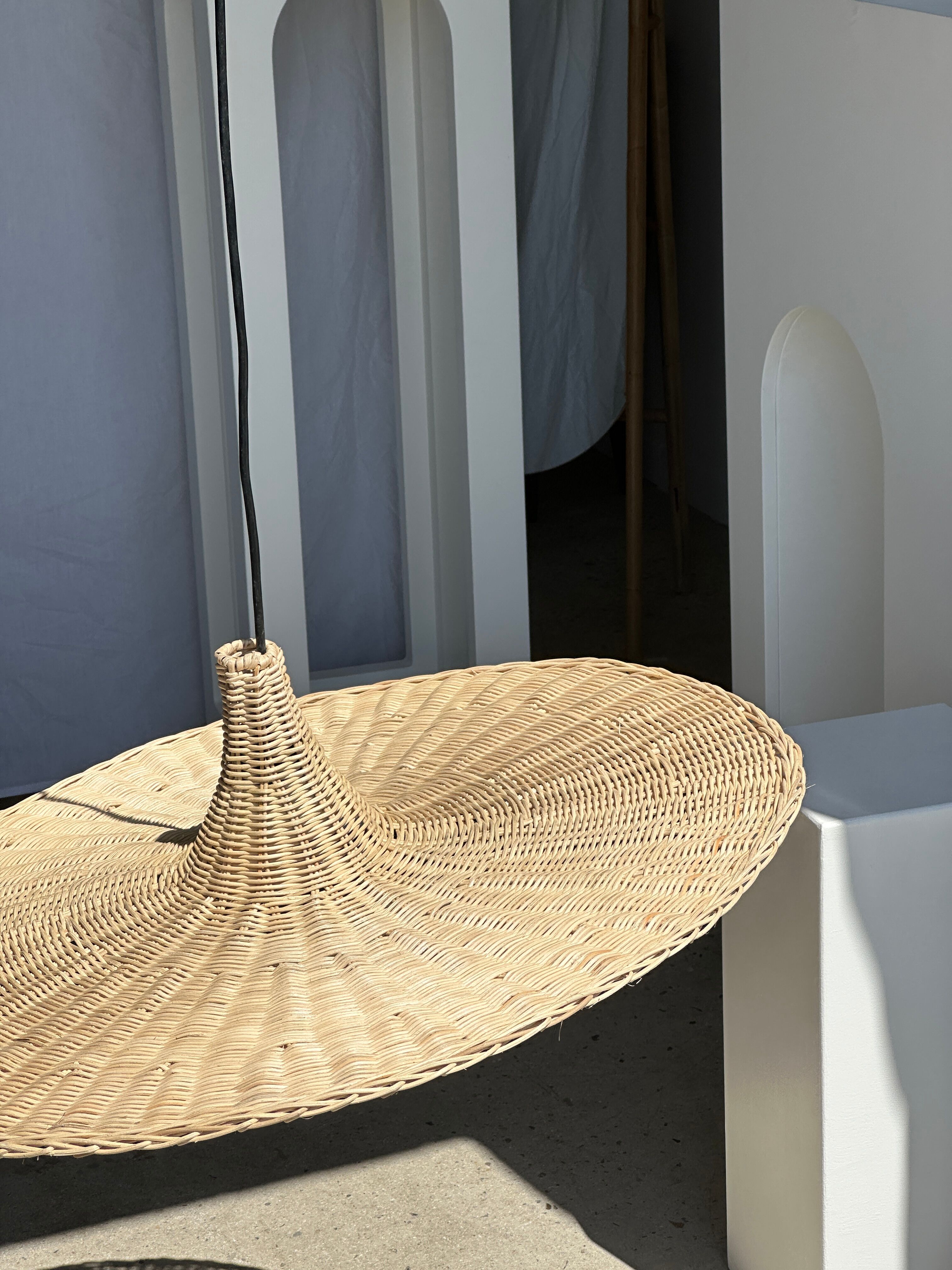 Large suspension, rattan luminaire in hat shape D:80cm