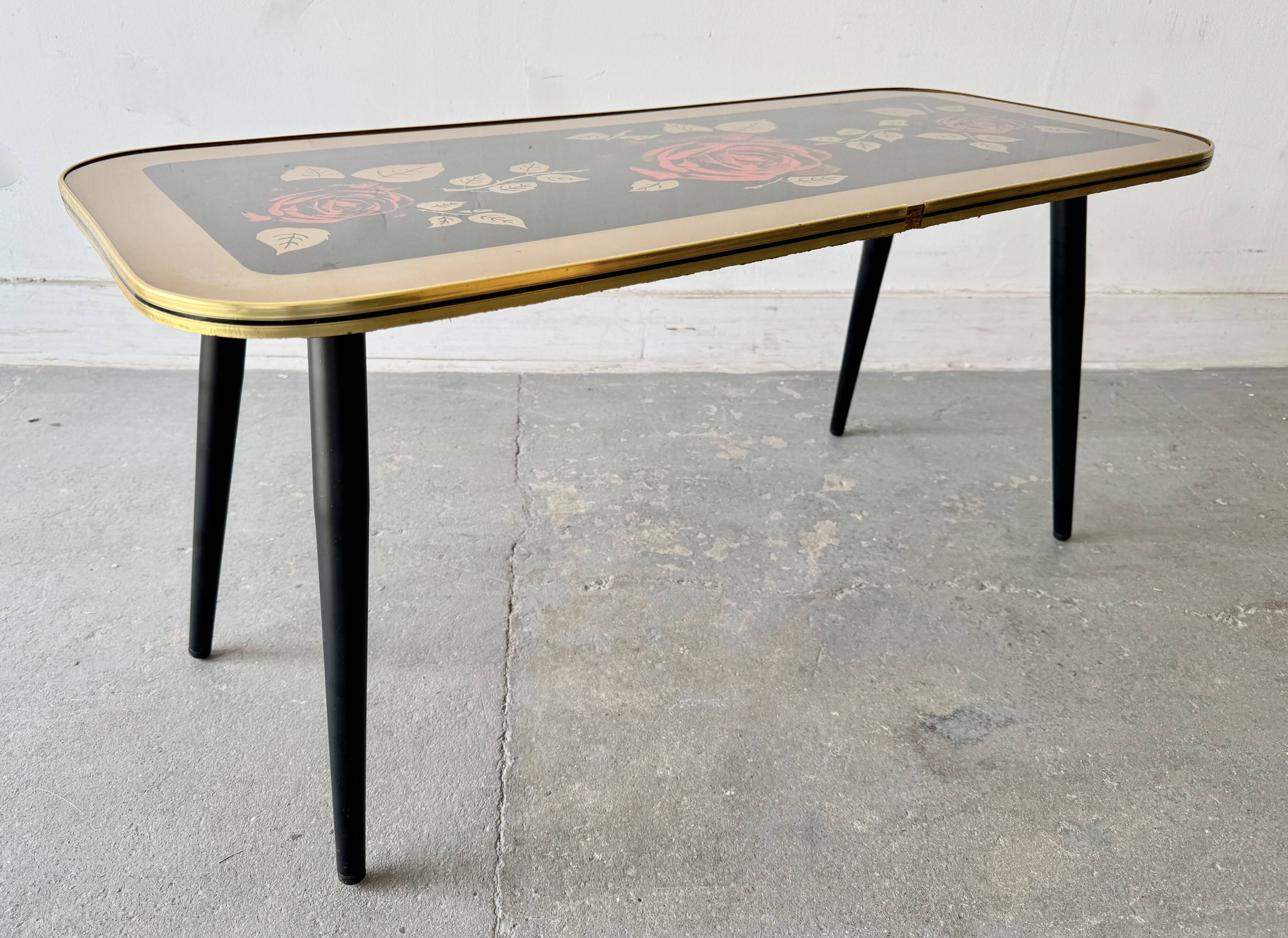 Vintage Coffee Table Floral Glass Top Tapered Legs