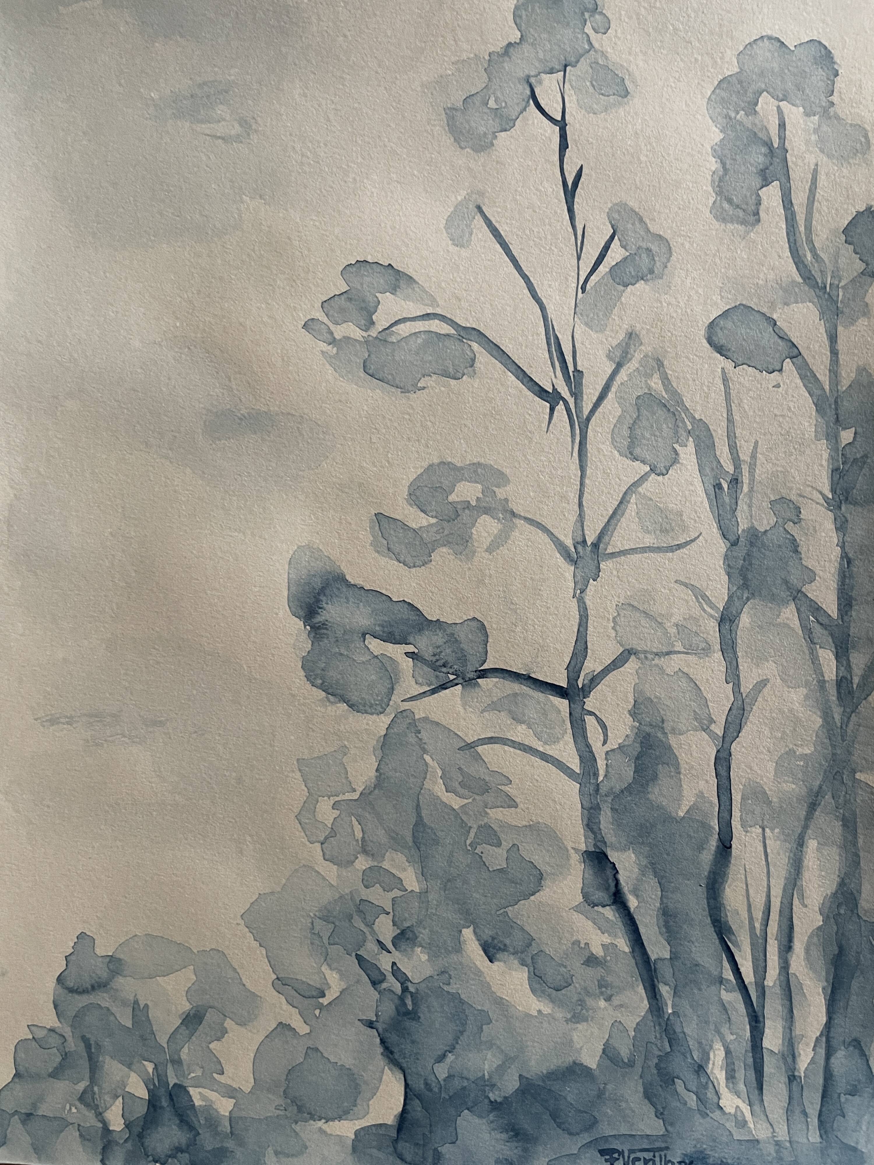 Tableau Aquarelle signé monochrome blue jeans « la forêt bleue »