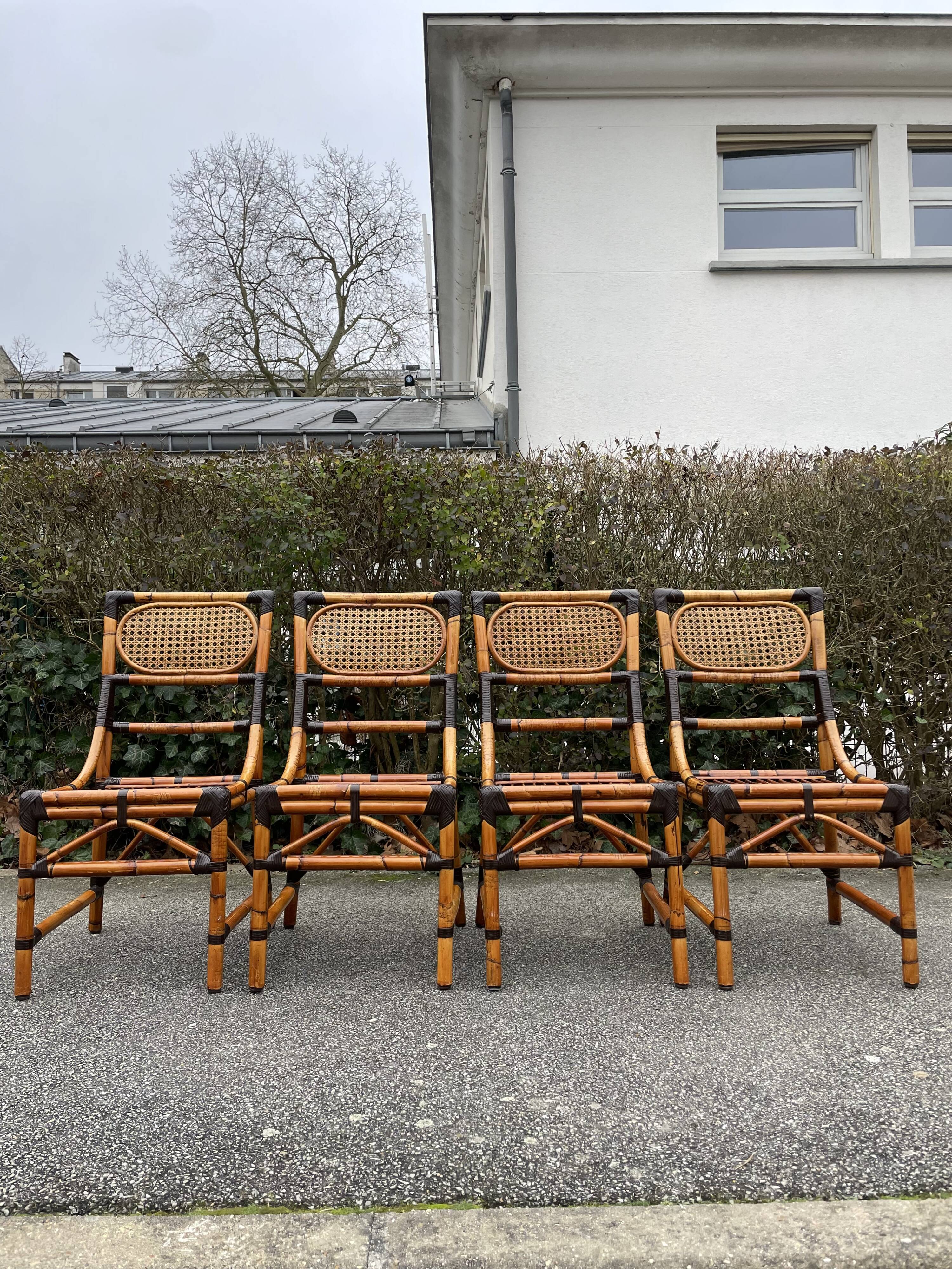 4 chaises en bambou et cannage