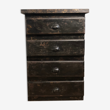 Ancienne commode d'atelier en bois, patine noire