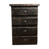 Ancienne commode d'atelier en bois, patine noire