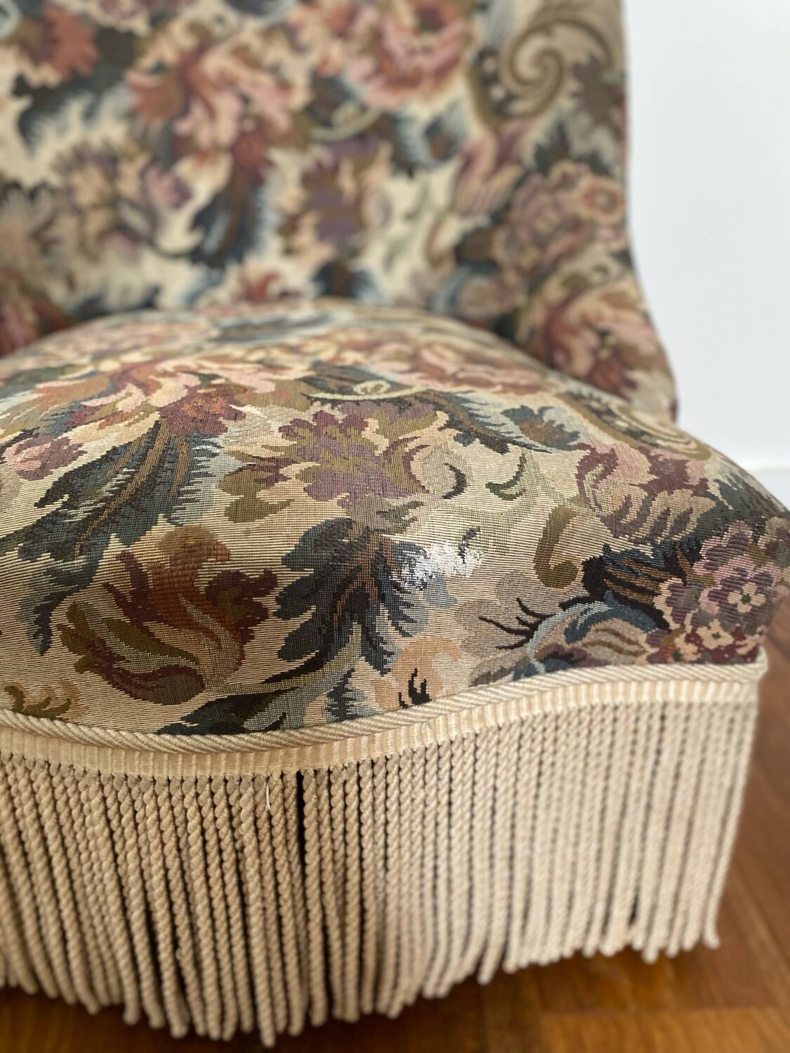 Pair of antique tapestry toad armchairs