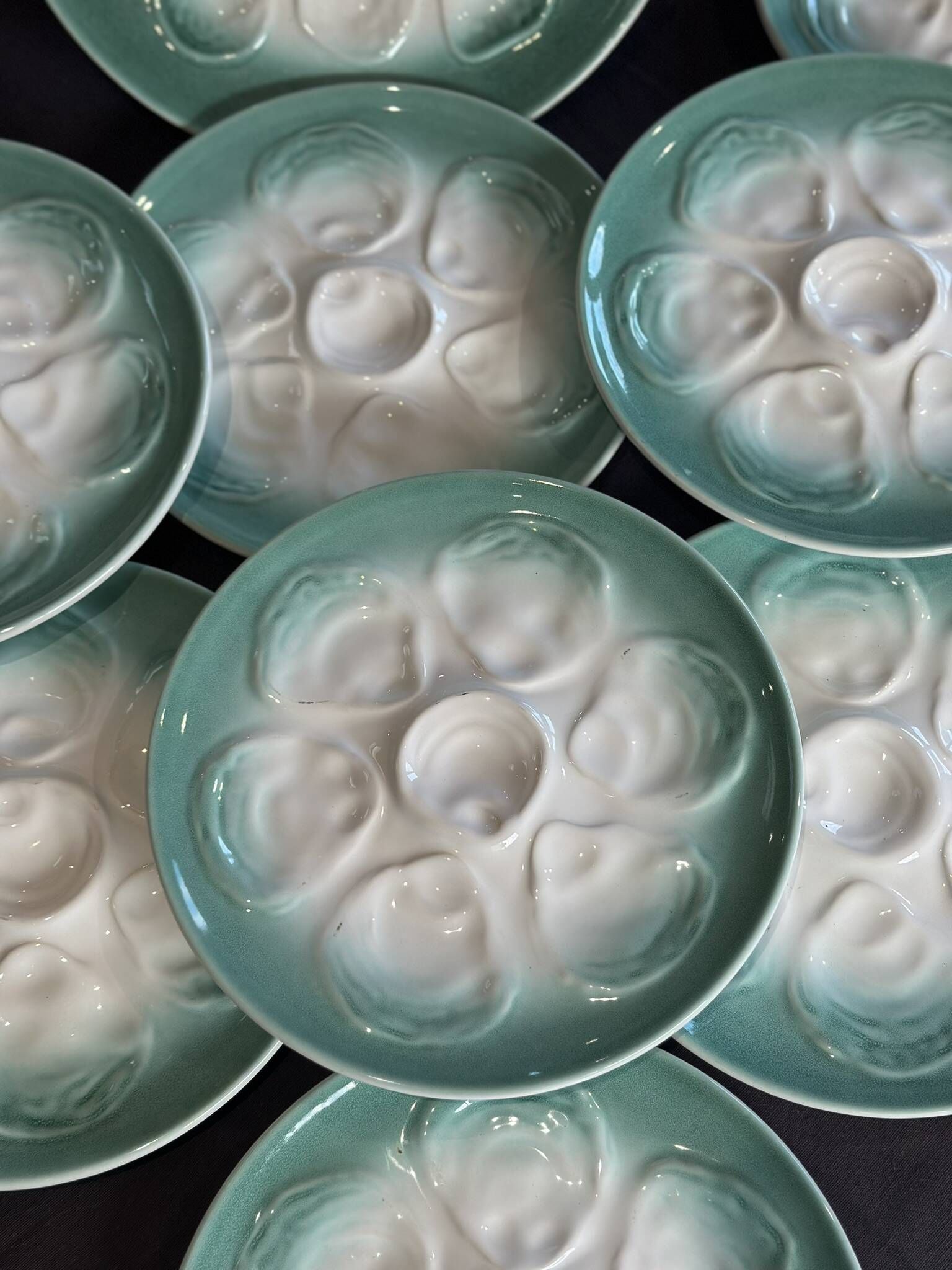 Niderviller sea-green earthenware oyster plates, set of 10 + dish
