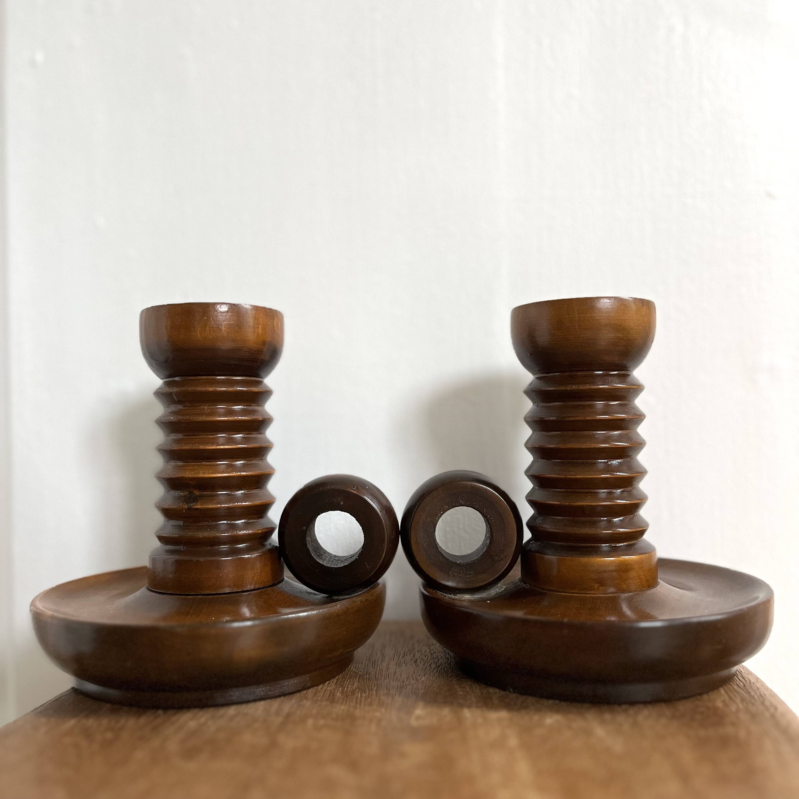 Pair of turned wooden candlesticks from the 70s