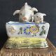 Antique earthenware pig box, salt cellar or mustard pot, floral decoration.