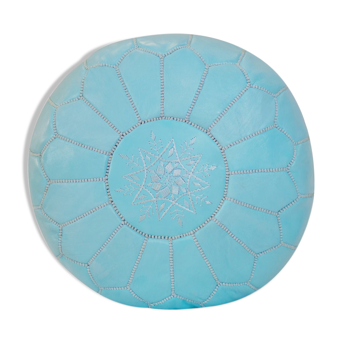 Light blue leather Pouf- handmade Morocco D 53cm x H 32cm