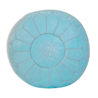 Light blue leather Pouf- handmade Morocco D 53cm x H 32cm