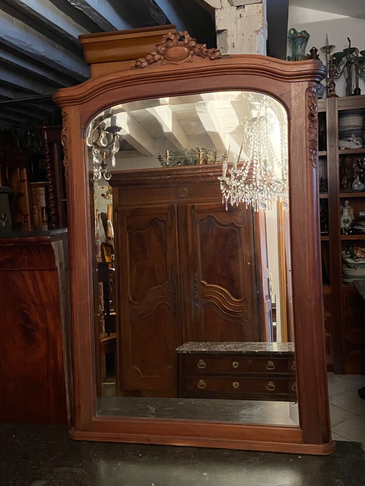 Beveled mirror trumeau fireplace glass in solid walnut Louis XVI style