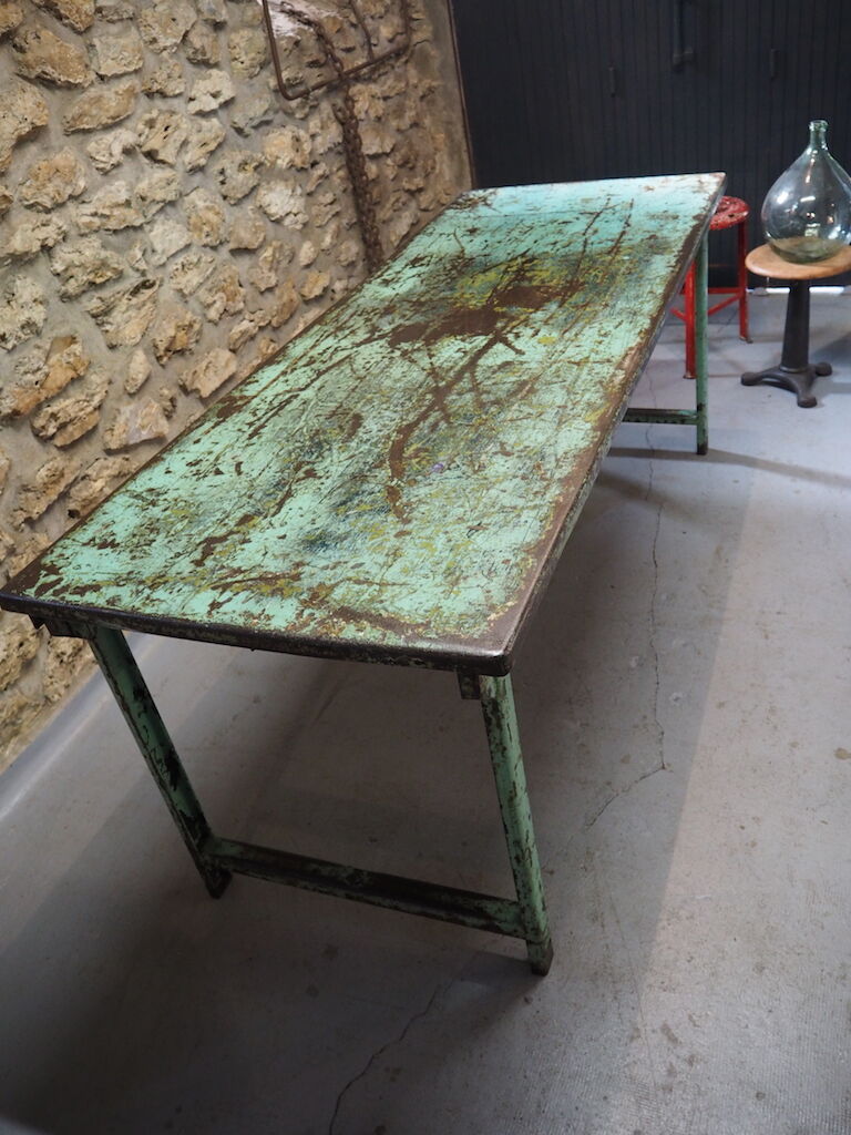 Green patinated metal workshop table 1950