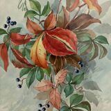 Aquarelle sur papier nature morte jeté de fleurs XXe par M. Jagu 1914