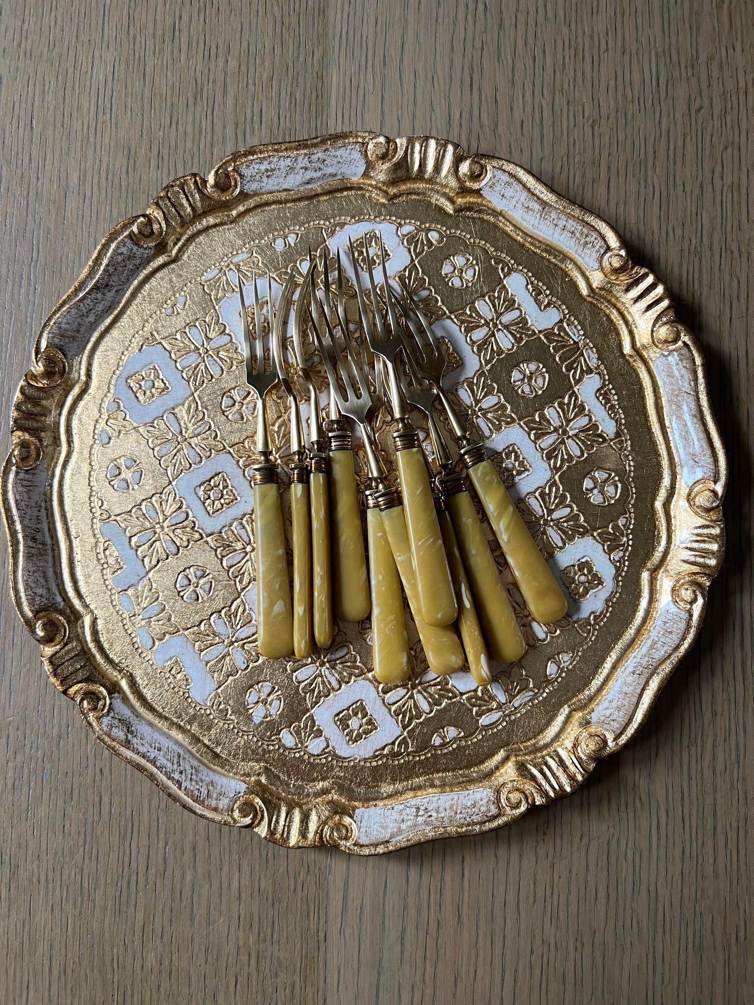 10 antique gold forks for desserts, cheese