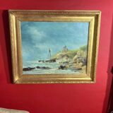 19th century oil on canvas depicting an animated marine scene with its gilded wooden frame