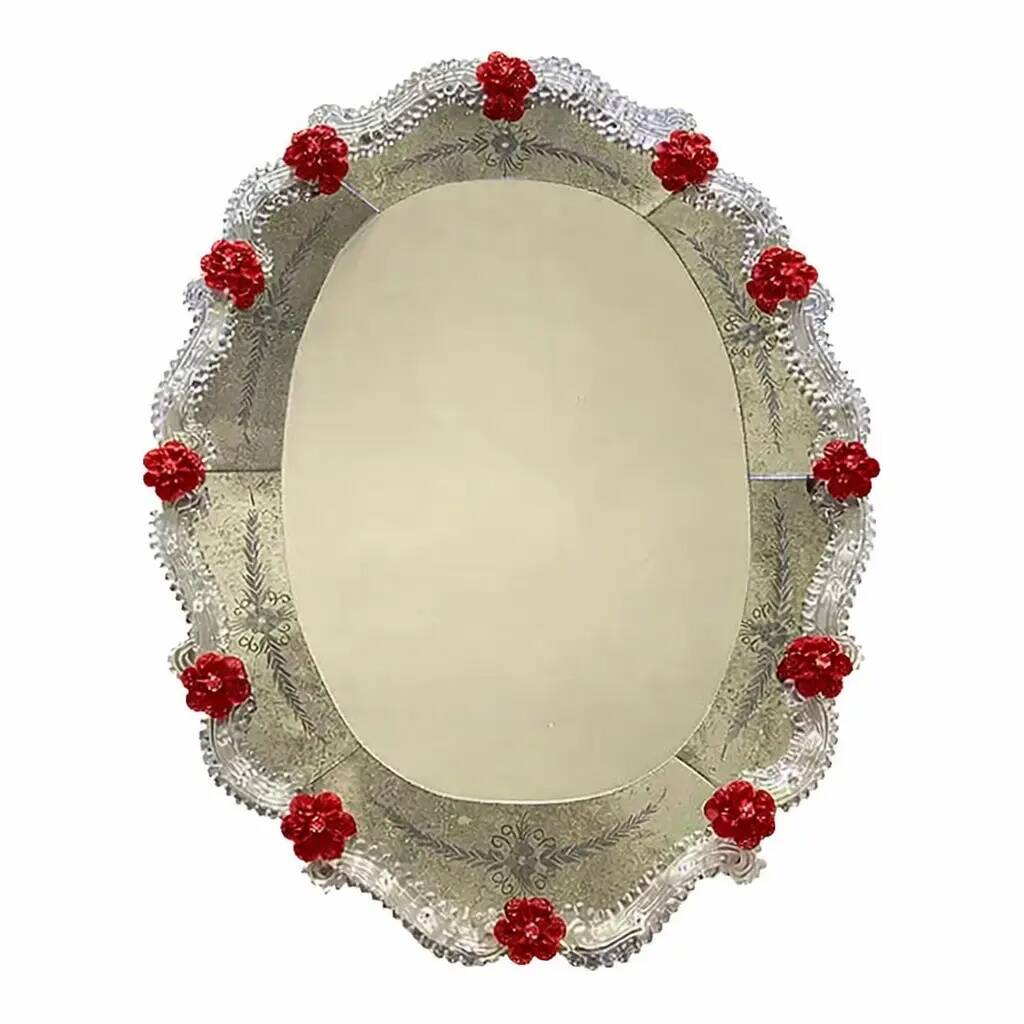 Venetian Murano Glass Oval Red Floral Wall Mirror – Hand-Carved Italian Art