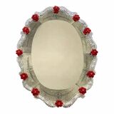 Venetian Murano Glass Oval Red Floral Wall Mirror – Hand-Carved Italian Art