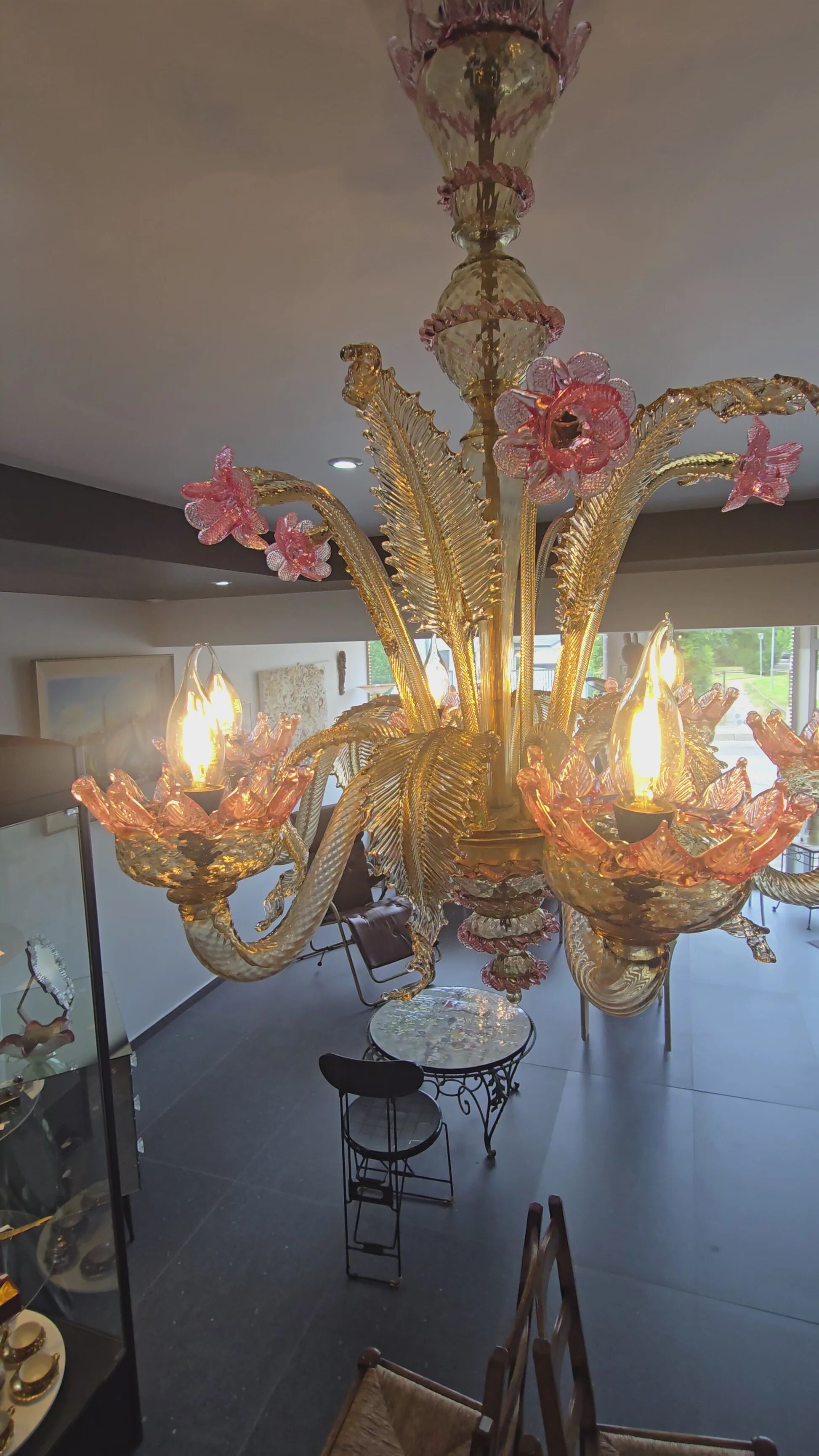 Venetian glass chandelier with pink and gold floral decoration – 6 lights