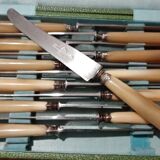 Box 12 old cheese knife 19th blade steel virole silver handle horn