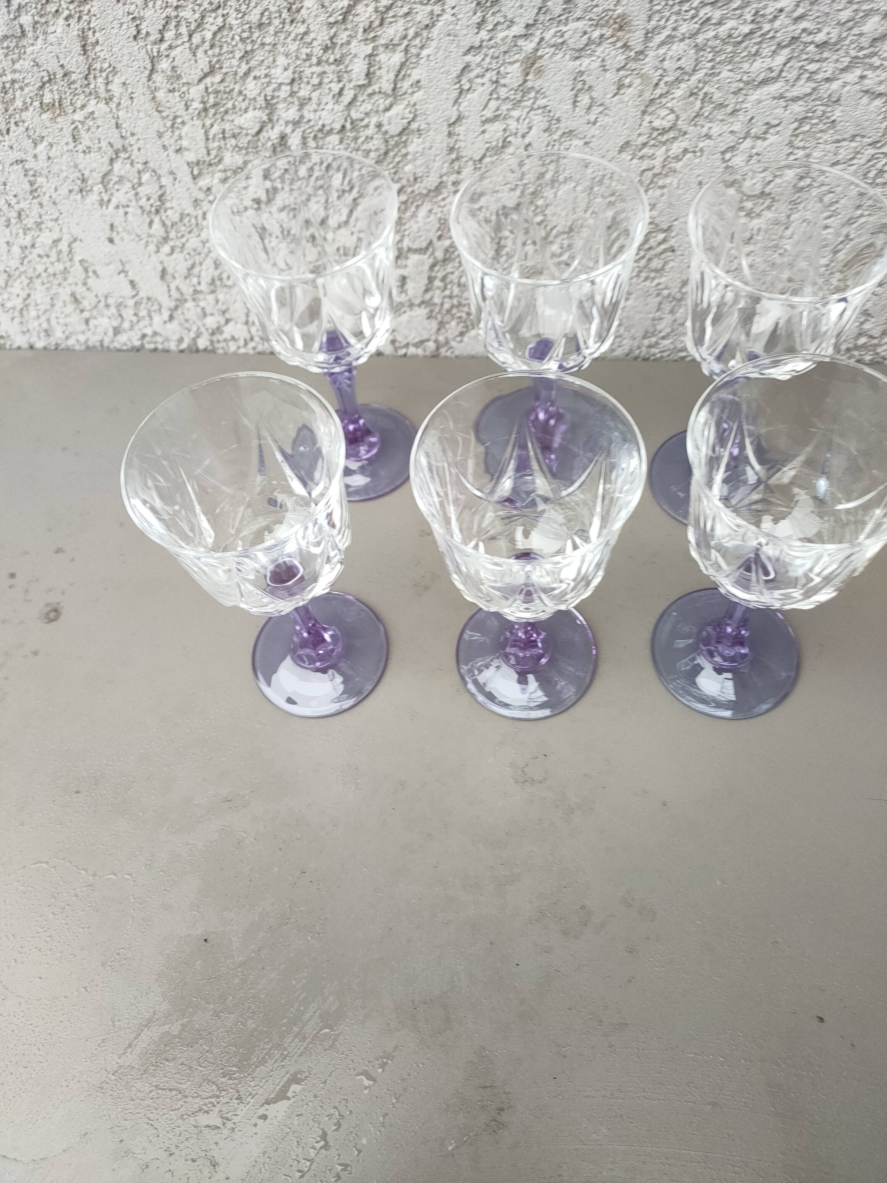 set of 6 purple stemmed crystal wine glasses