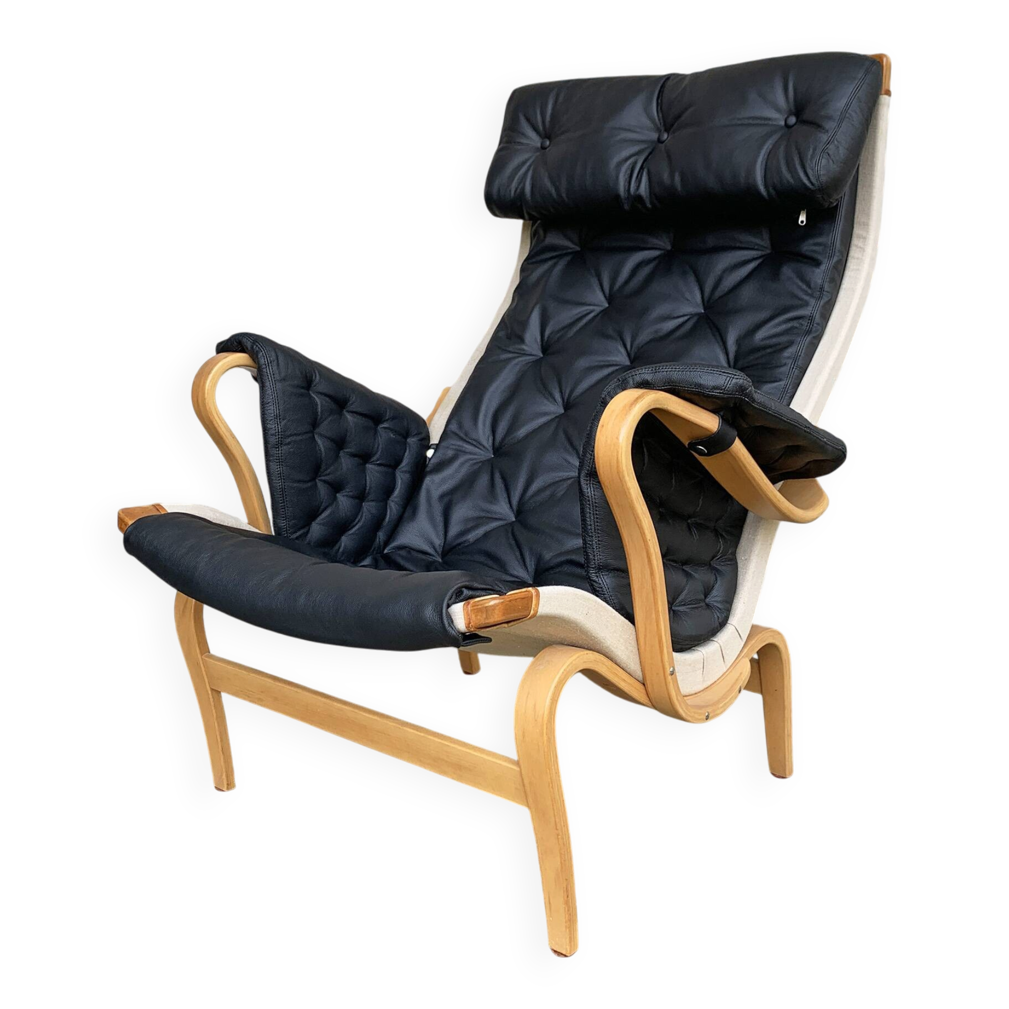 Pernilla armchair new black leather by Bruno Mathsson, Dux, Sweden 1970