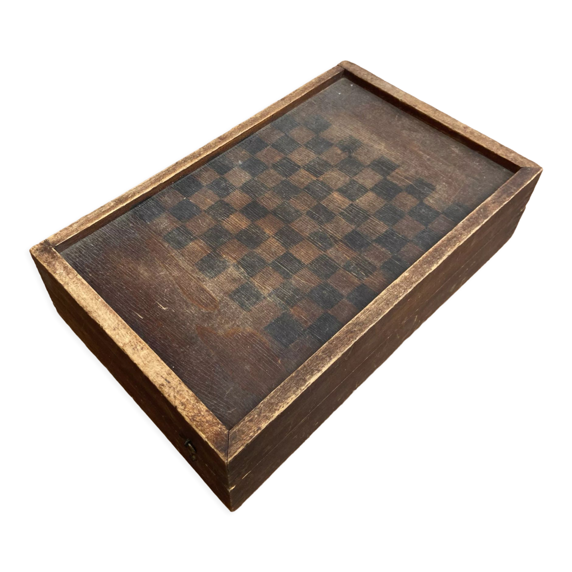 Old game box decorated in wood and felt - Backgammon Lady Dice Game