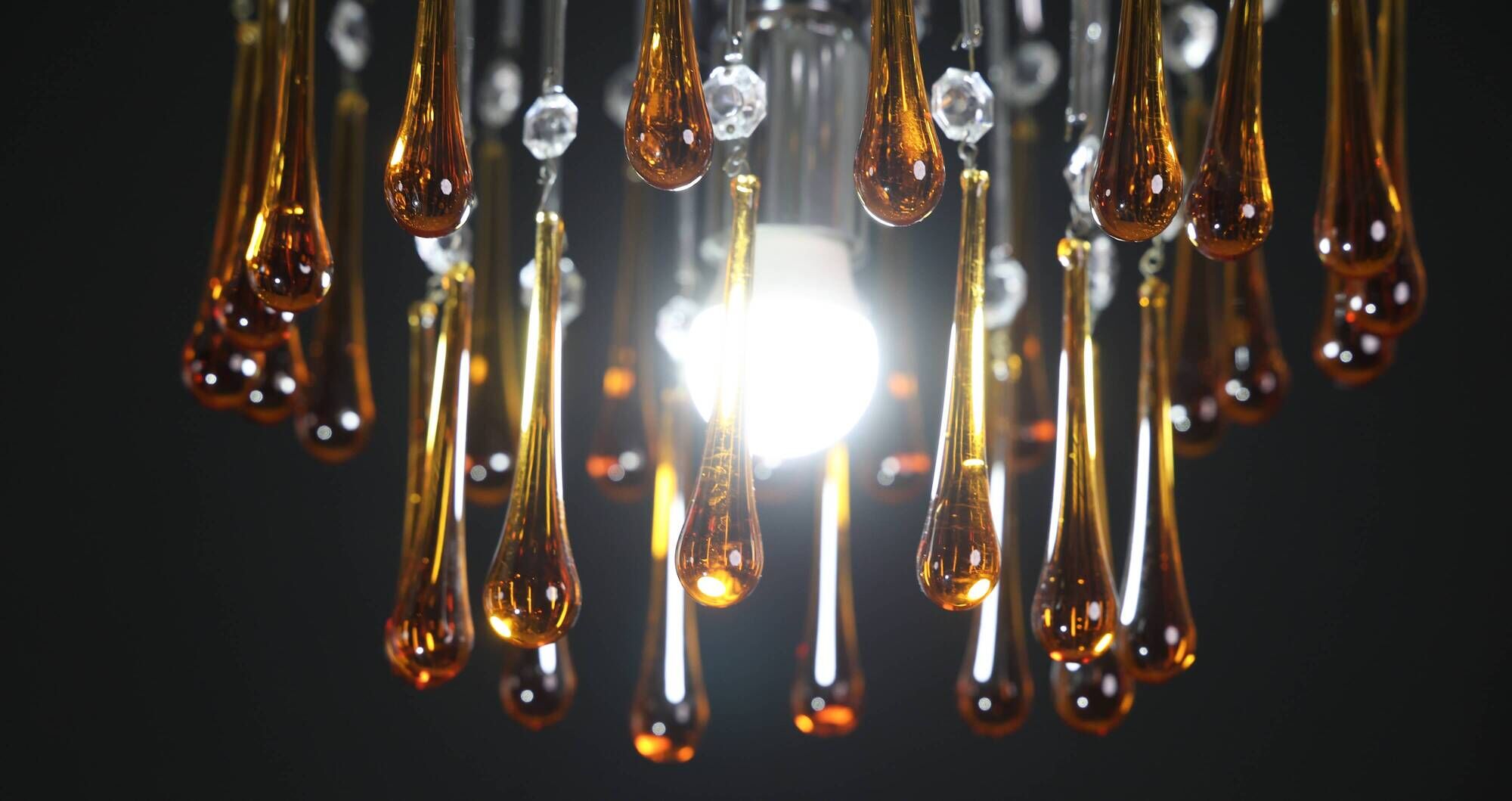 Set of 2 The Amber Crown, Murano Chandelier Amber and Crystal Drops, 1970s