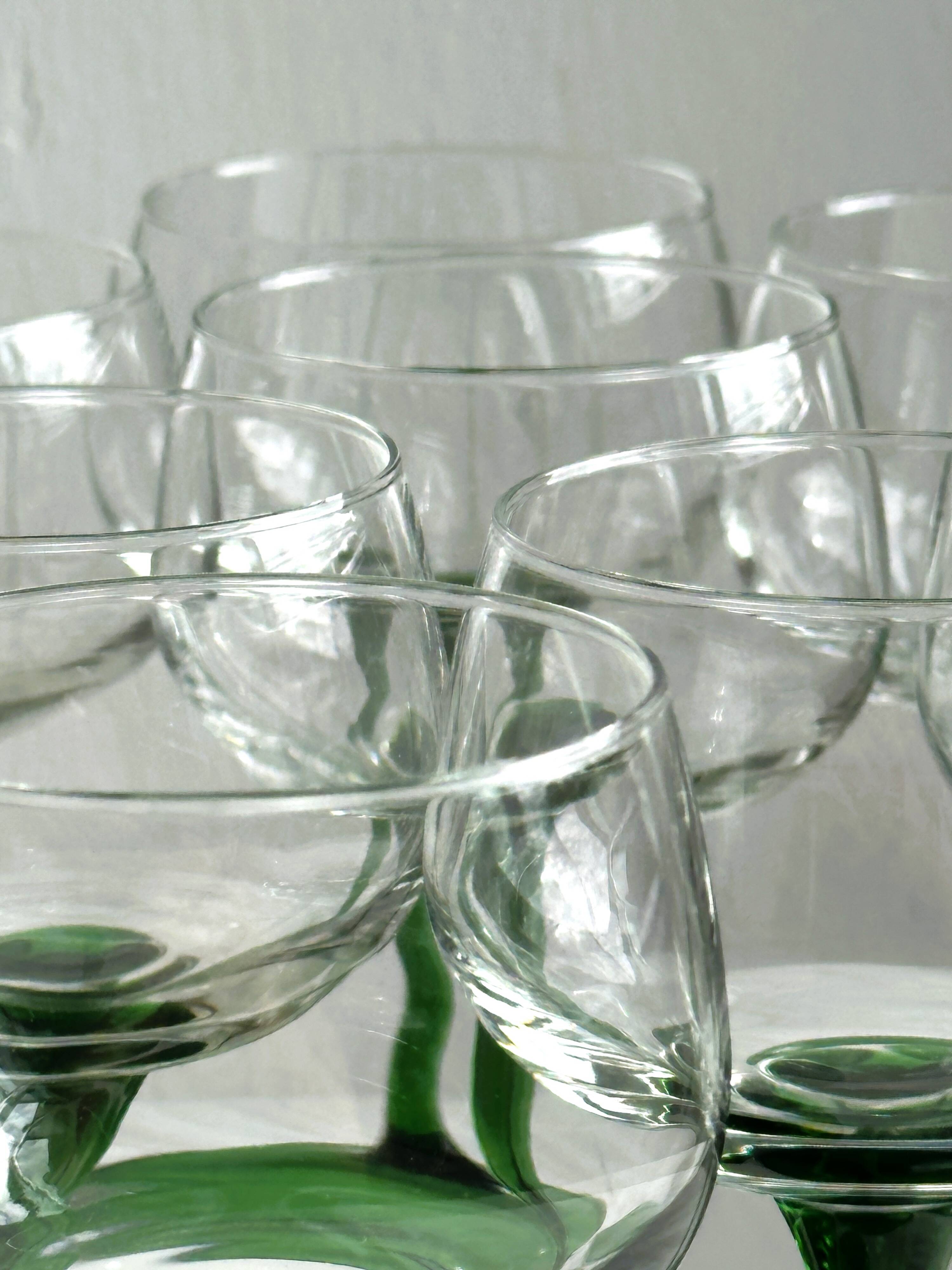 8 stemmed glasses with green stems, Alsatian wine glasses.
