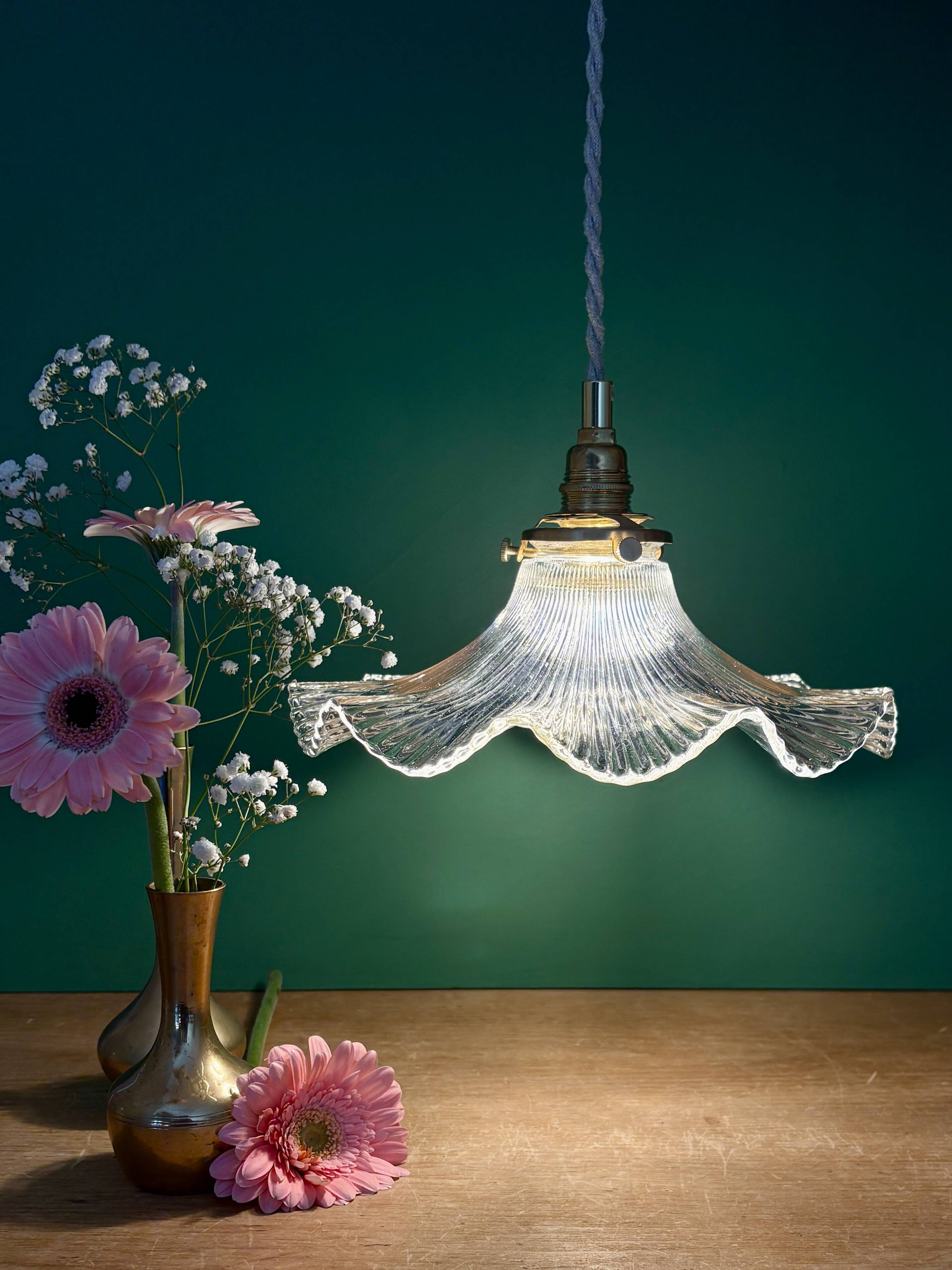 Suspension abat-jour vintage en verre holophane