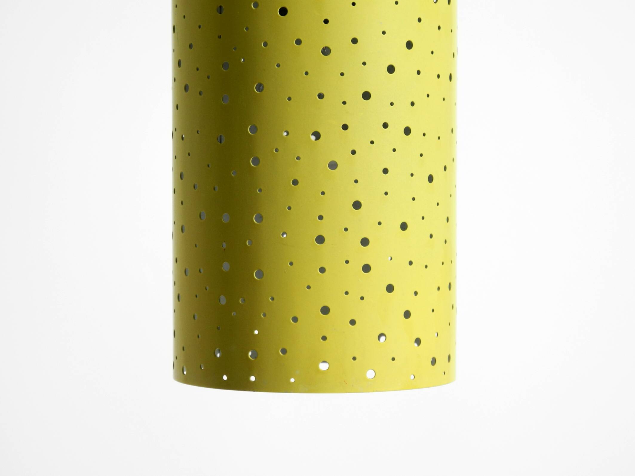 1950s pendant lamp in perforated metal, mustard yellow, by Ernest Igl