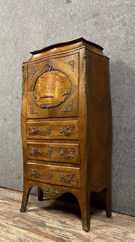 Louis XV secretary in marquetry – Gallant scene – Gilded bronze