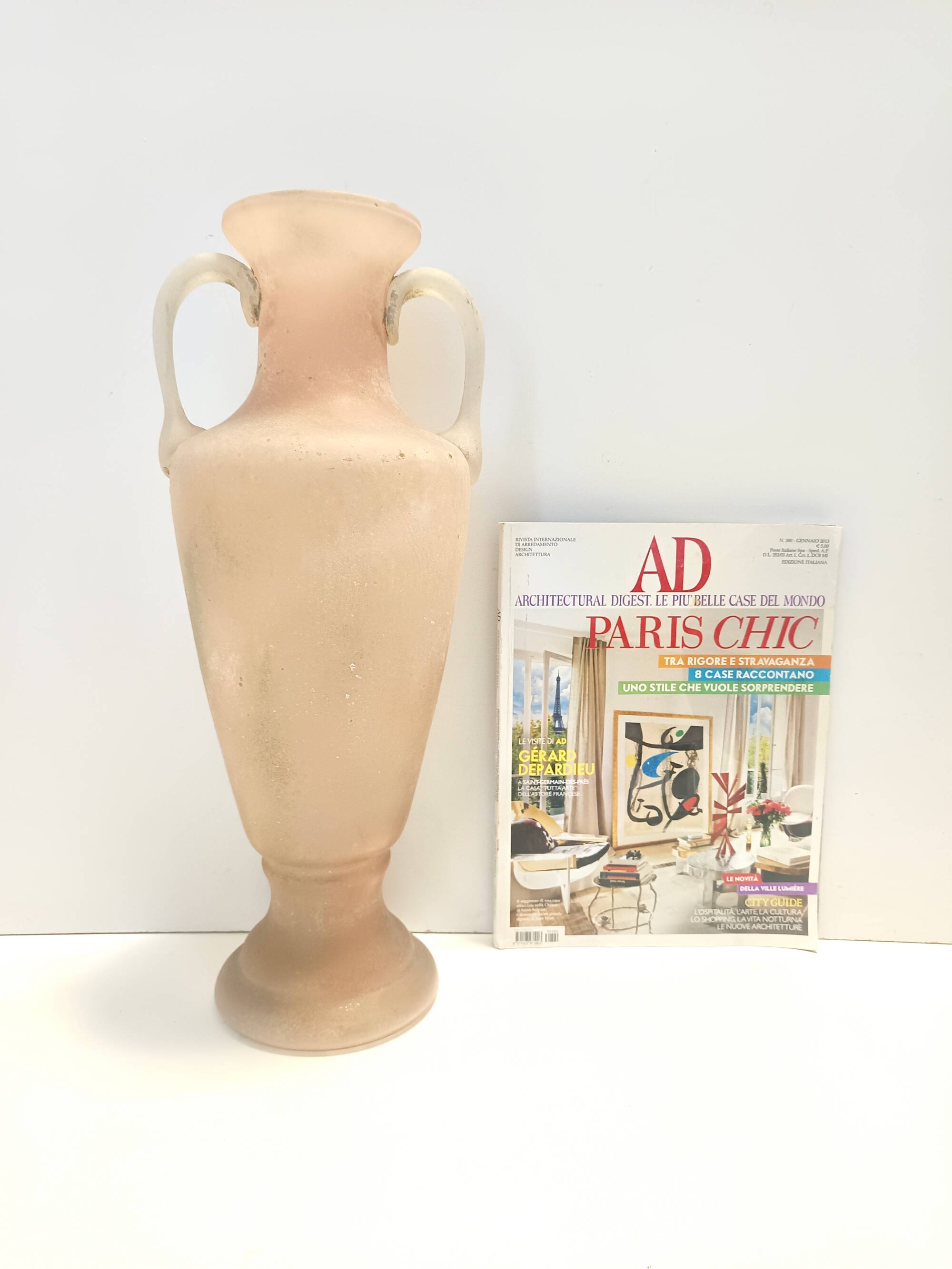 Peach Pink and White Scavo Glass Amphora Vase attr. to Seguso, Italy