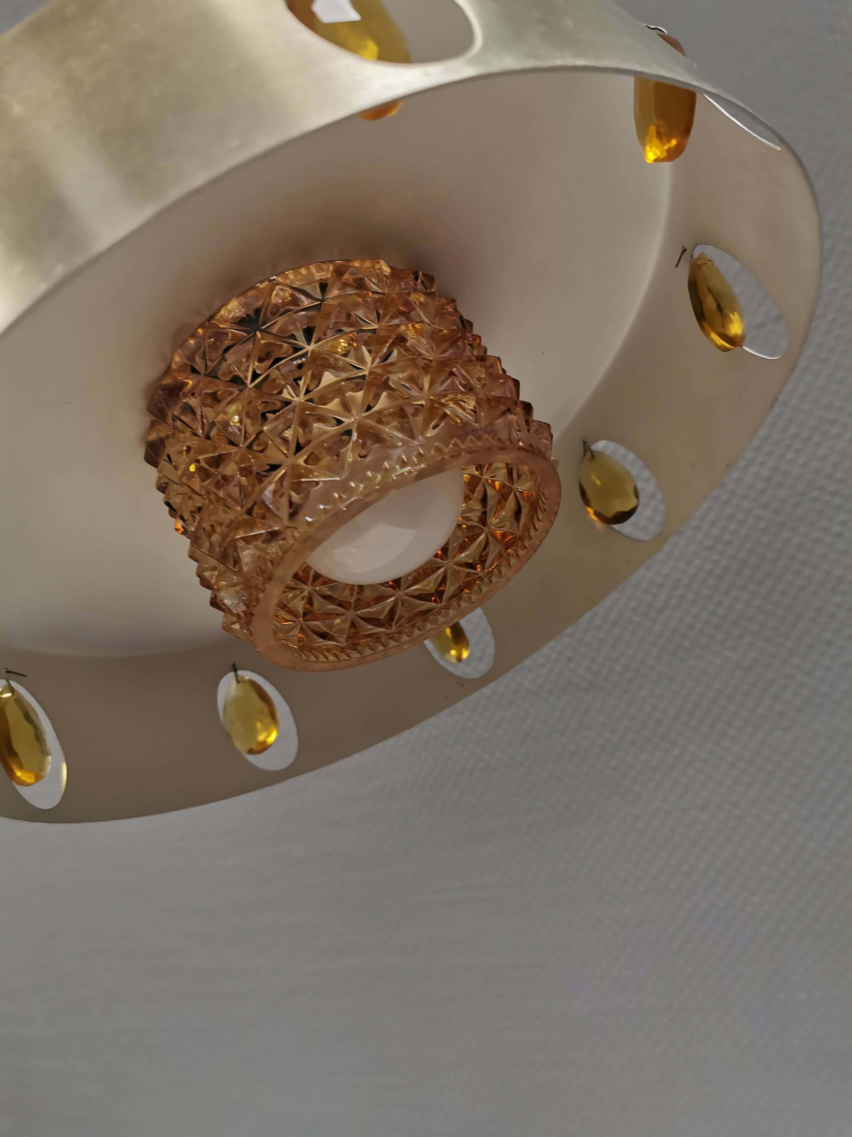 Danish hanging lamp made of glass, metal and with amber colored prisms