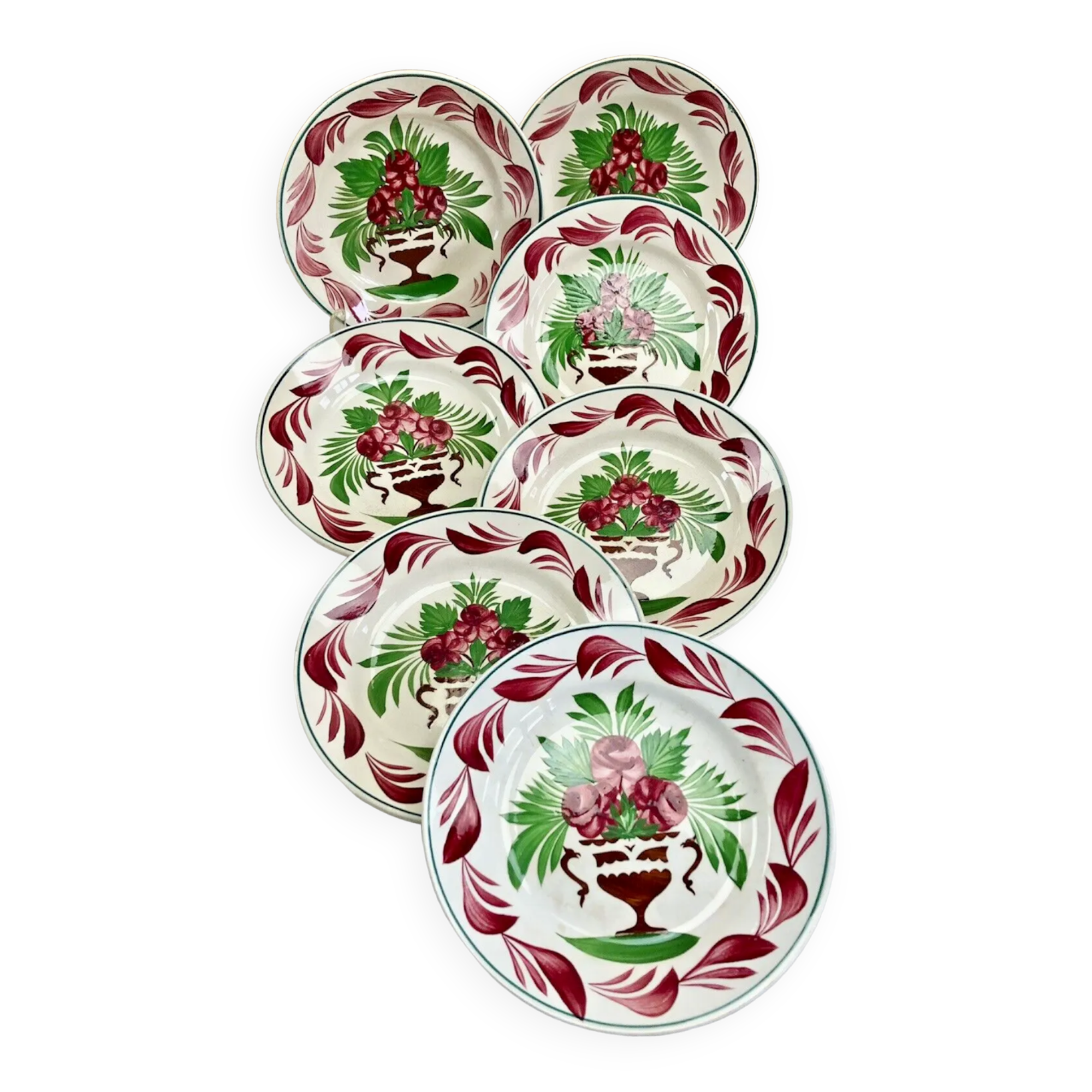 7 dessert plates XIX Sarreguemines stencil decoration